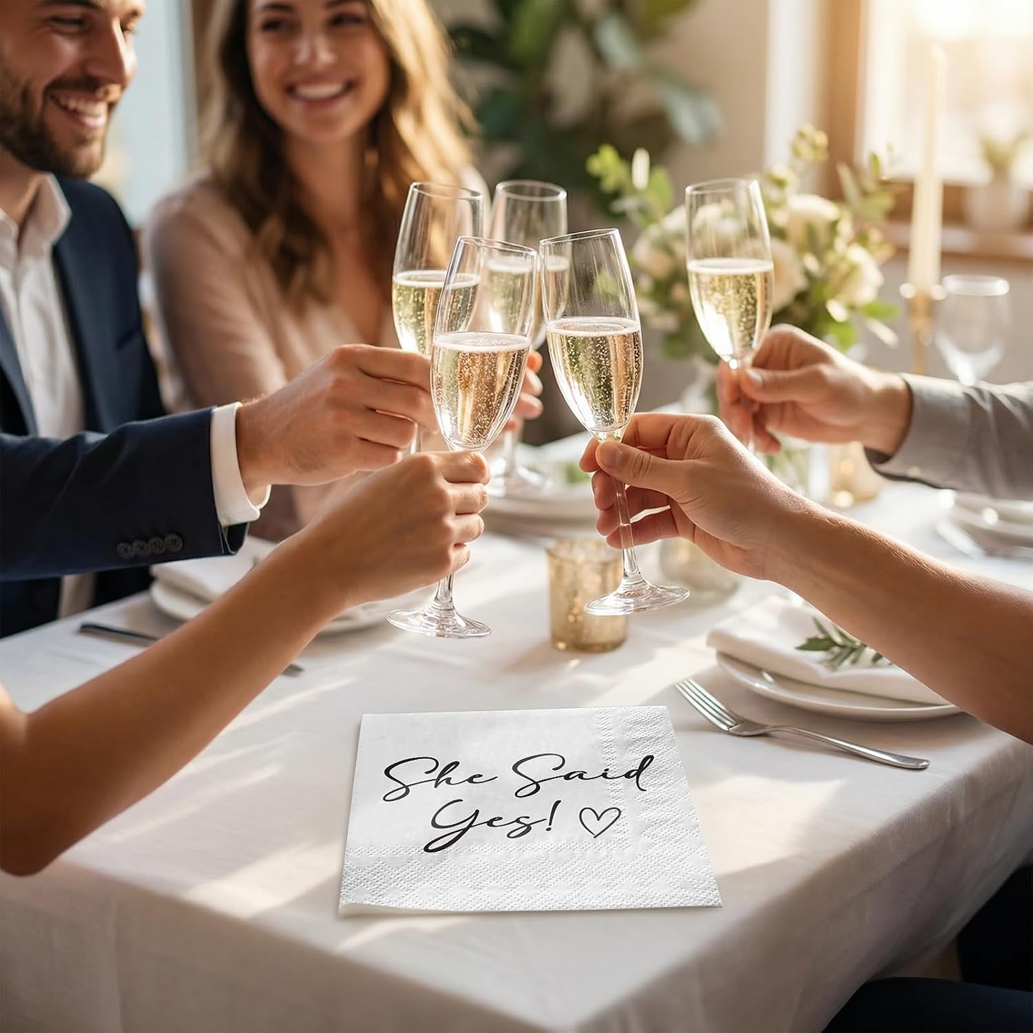 RUSPEPA 25 Pcs Engagement Cocktail Napkins, "She Said Yes!" Elegant Script Design Disposable Paper Napkins for Proposal Party, Engagement Party, Bridal Shower, Wedding Announcement, 3 Ply, 5 x 5 Inch image 4