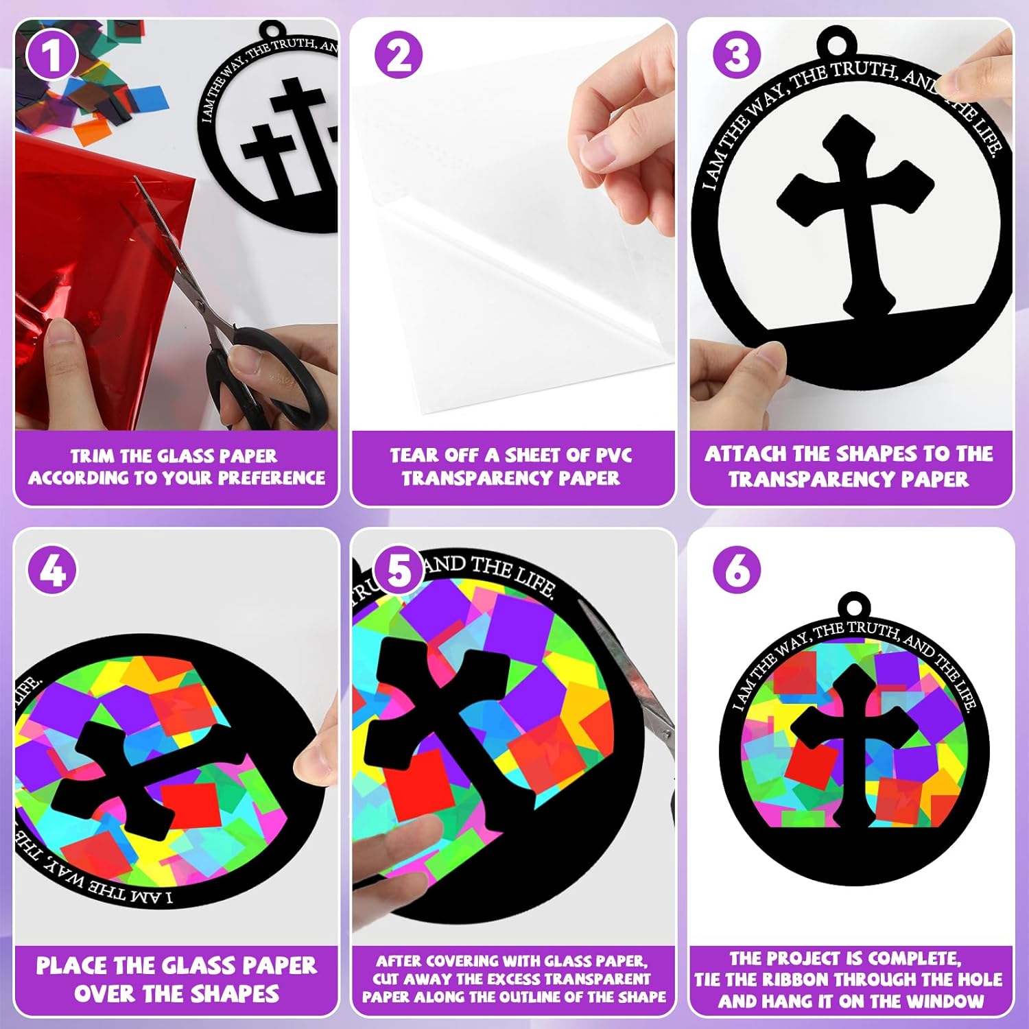 QOUBAI 32 Sets Easter Cross Suncatchers Craft Kit DIY Religious Window Stained Glass Effect Christian VBS Paper Hanging Ornament Kid Sunday School Birthday Gift Creative Art Project Activity Game