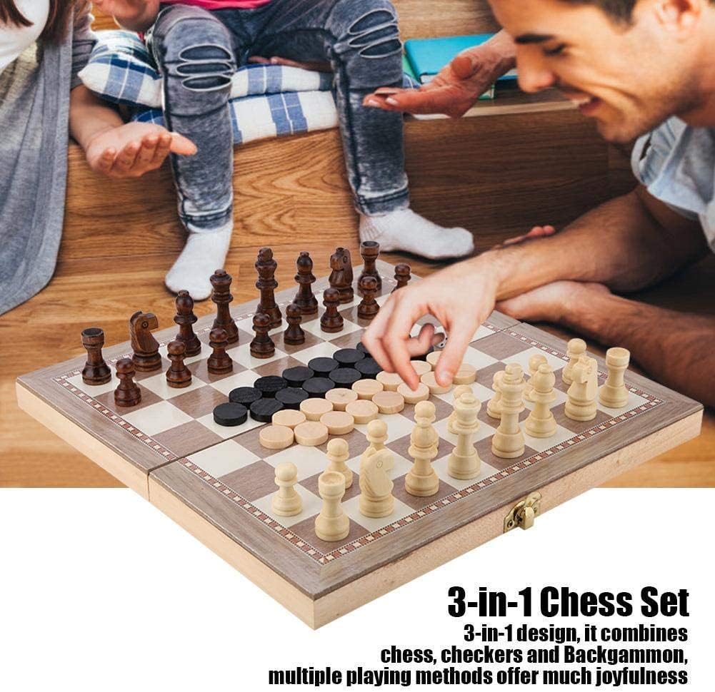 3-in-1 Wooden Chess Set Chess Checkers Backgammon with Folding Chess Board Game Sets Portable Travel Tabletop Game Toy