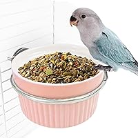 Pink Ceramic Bird Cage Feeder Bowl with Clamp Holder - Spill-Proof Parrot Food Water Cup for Parakeets, Conures, Cockatiels, Budgies
