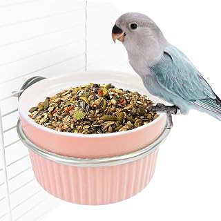 Pink Ceramic Bird Cage Feeder Bowl with Clamp Holder - Spill-Proof Parrot Food Water Cup for Parakeets, Conures, Cockatiels, Budgies