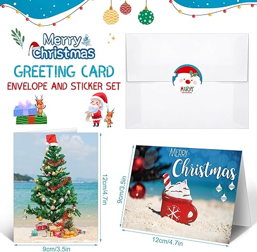 Miniatura 4 de Ctosree 60 juegos de tarjetas de Navidad de playa, surtido a granel, tarjetas de felicitación estilo playa con sobres y calcomanías para suministros