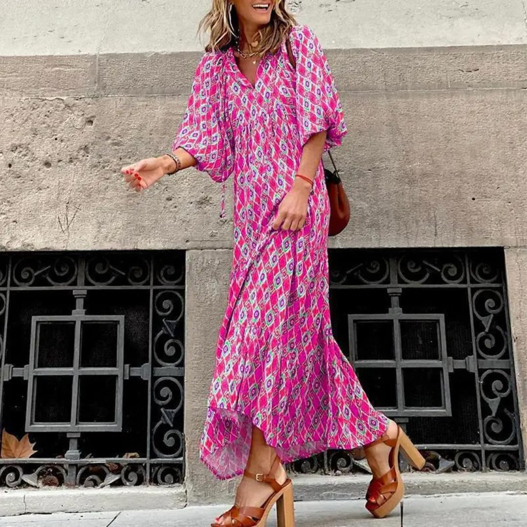 Vestido Largo de otoño de Mujer con Escote en Pico, retalches geométricos de Mangas abullonadas, Vestido Estampado Ropa de Mujer de Calle