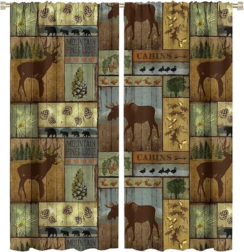 Cortinas rústicas retro de cabañas con estampado de oso de bosque y ciervos para habitación de 63 x 72 pulgadas