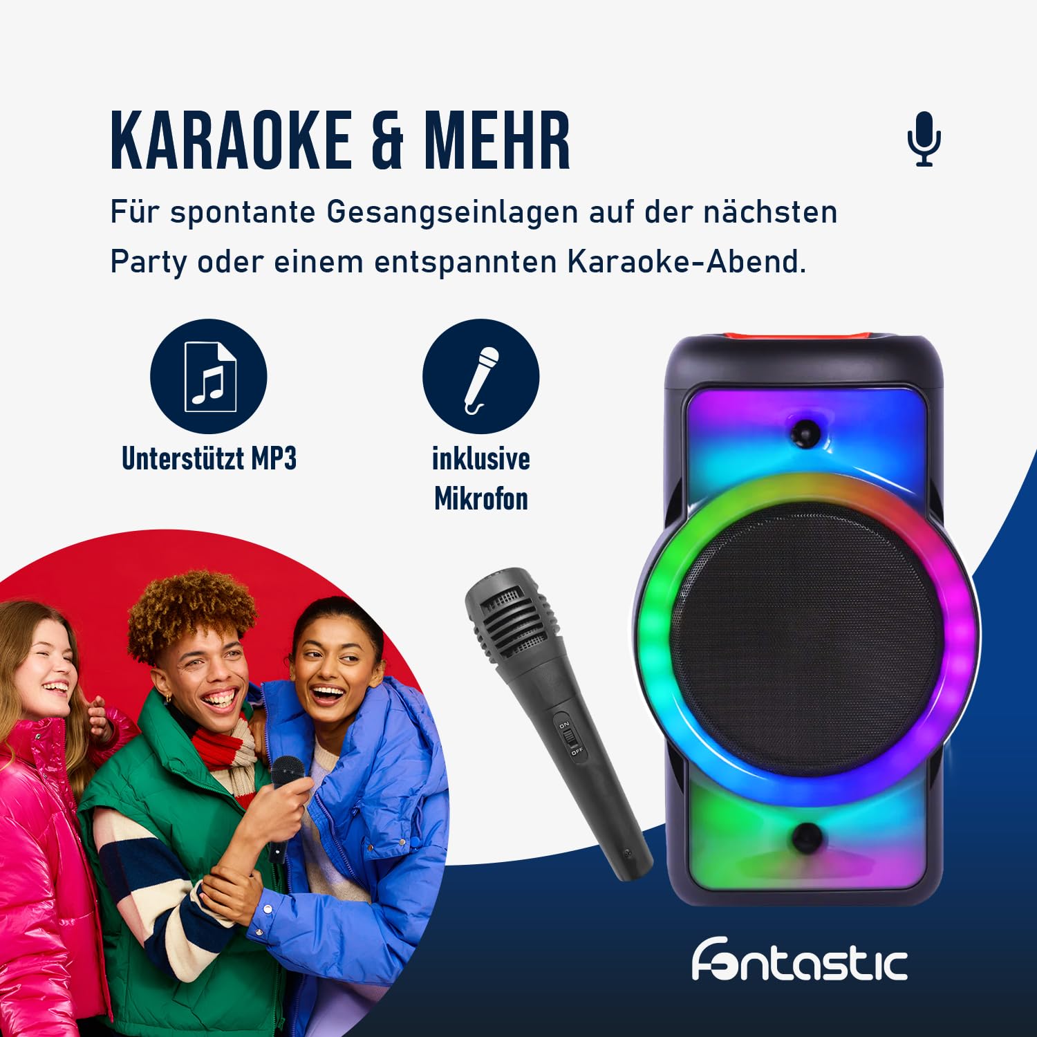 Fontastic Party Lautsprecher Rokka - tragbarer Trolley-Bluetooth Lautsprecher mit USB-Wiedergabe, AUX, MicroSD, LED-RGB Lichteffekten & Aufnahmefunktion - Karaoke Box mit Mikrofon - Schwarz