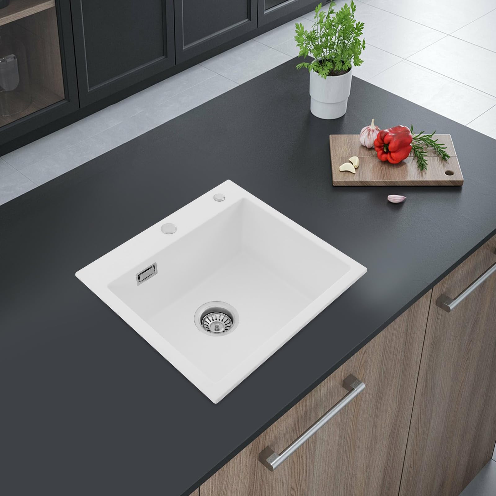 Fregadero, fregadero de 50 x 45 cm con tubo de drenaje y escurridor, fregadero empotrable, fregadero de cocina de cuarzo, para cocinas, baños, restaurantes (Blanco)