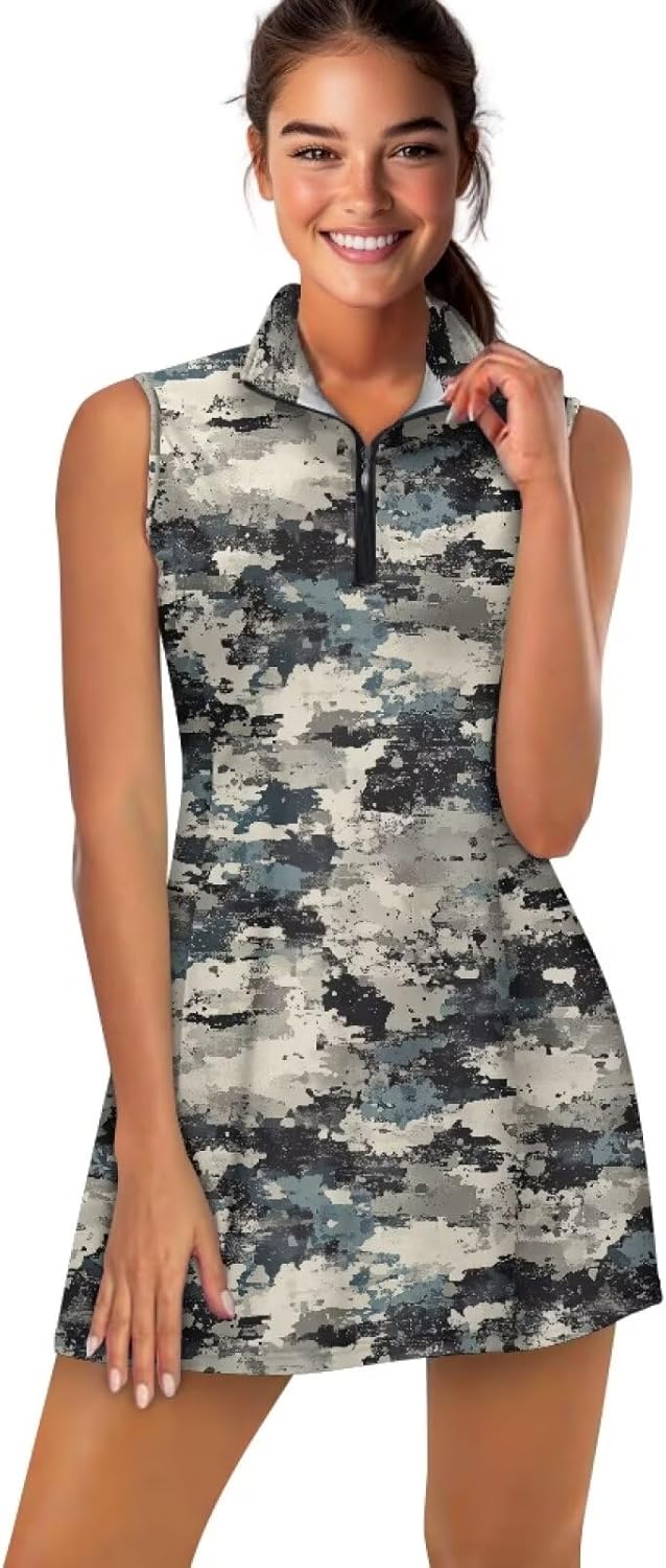 Women's Tennis Golf Dress with Shorts,Golf Outfits with Pockets,Zip Up Stand Collar