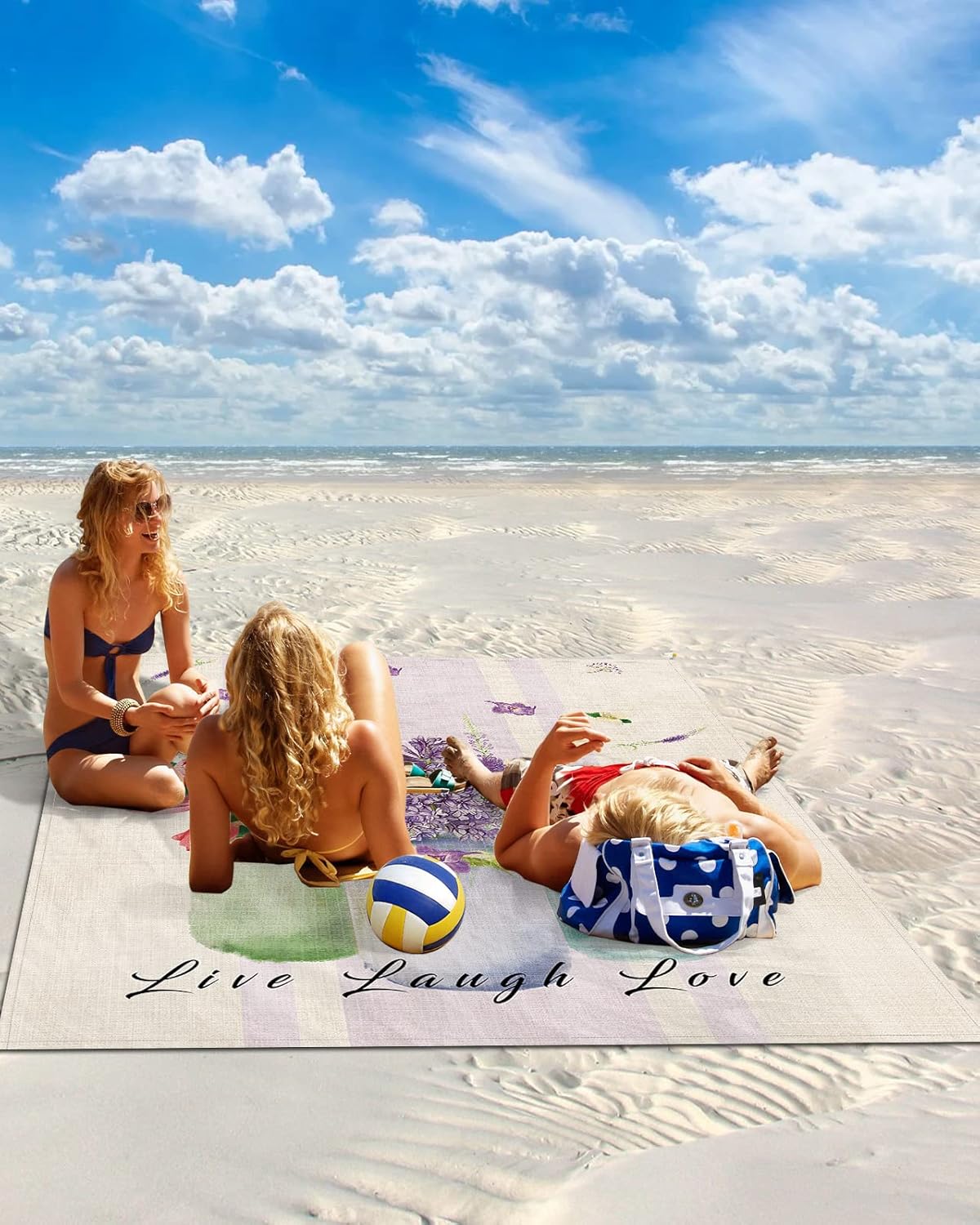 Watercolor Elegant Blossoms Tulip Flower Beach Blanket Waterproof Sandproof Outdoor Picnic Mat 108"x84" Purple Stripe Linen Texture Lightweight Large Beaach Blankets with 4 Stake & 4 Corner Pockets