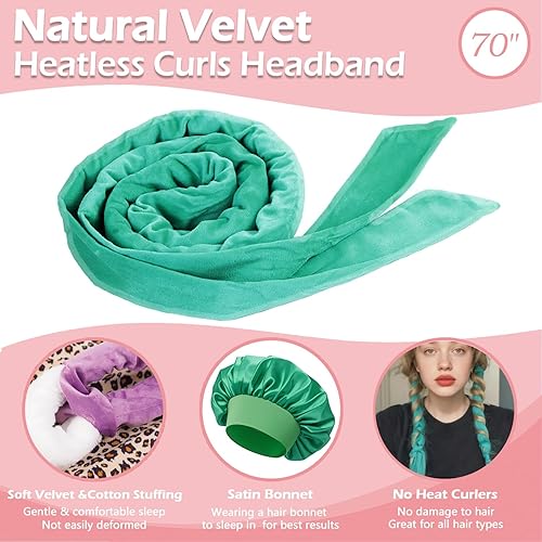 Miniatura 5 de Diadema sin calor para la noche, rizadores de pelo sin calor de 70 pulgadas con gorro de pelo para dormir, azul-verde