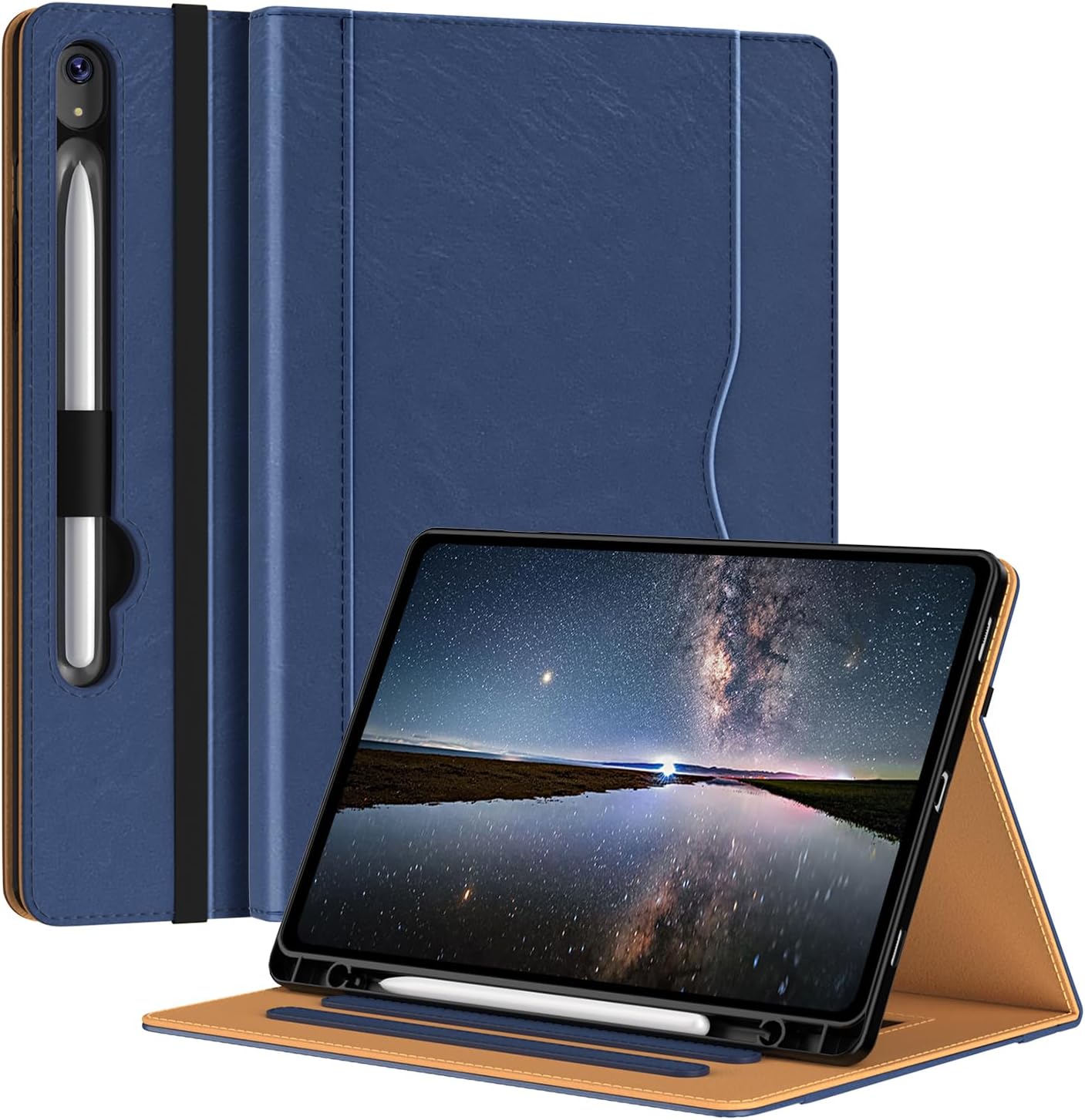 OKP Case for Samsung Galaxy Tab S9 Plus 12.4 inch 2023, Multi-Angle Stand/Pocket/Pencil Holder/Auto Wake/Sleep, PU Leather Case for Tab S9+ Plus (Dark Blue)