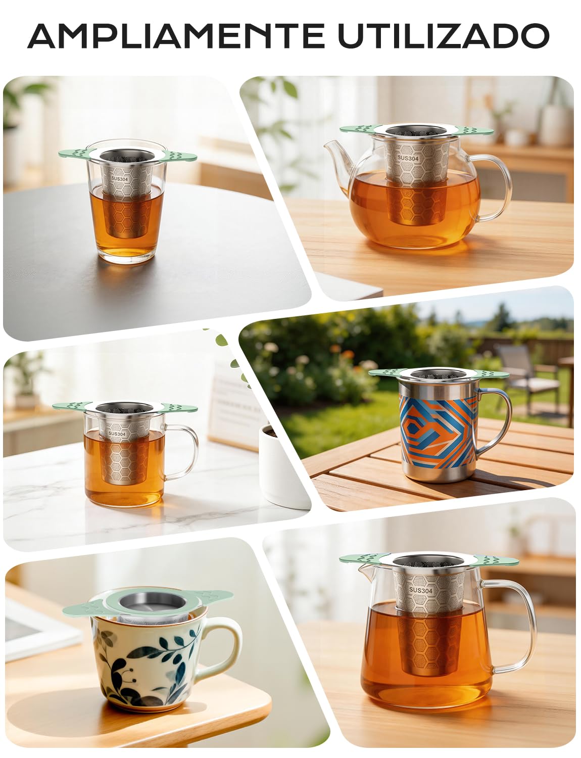 Yomanta Infusor de Te 2 Piezas - infusionador de Acero Inoxidable 304, filtro te con asa y tapa de silicona, Malla fina de 0,4 mm, colador te para tazas y teteras - verde