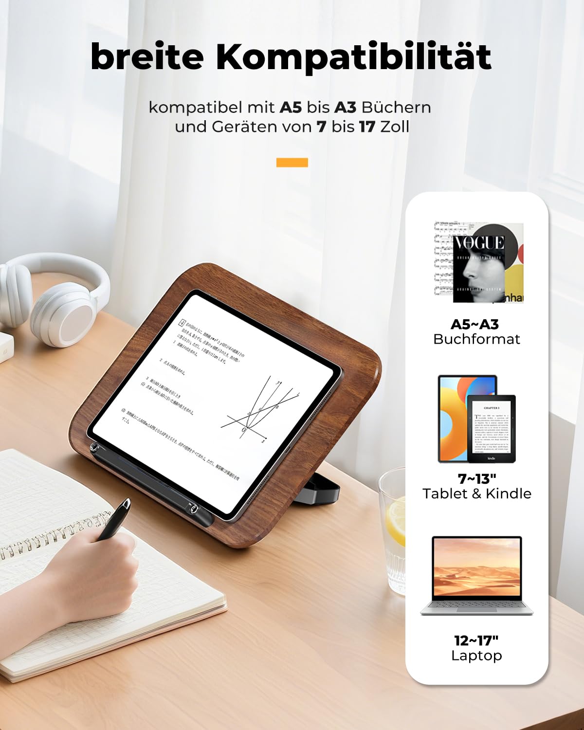 SupeDesk Buchständer, verstellbarer Holz-Buchhalter Leseständer, faltbarer Book Stand mit buchschonender Silikon-Seitenclip, langlebiger Kochbuchhalter, Präsentationsständer für Schule, Büro, Küche
