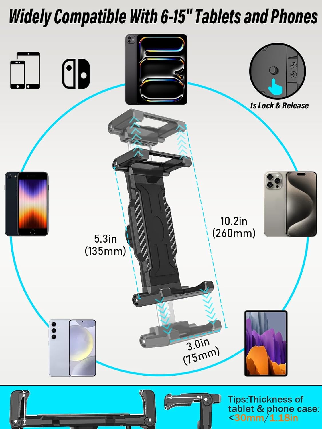 Rearview Mirror Tablet Holder- Metal Long Arm 360° Rotation and Folding, Rear View Mirror Tablet Holder, Fit Thick Cases (Deep Max 1.18'') for iPad Pro Air Mini, Galaxy Tab, iPhone, 6-15.6'' Devices