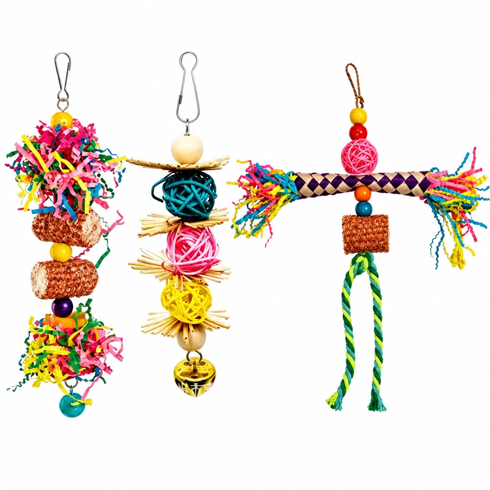 Poivgew 3 Piece Bird Toys for Caged Birds, Colourful Hanging Parrot Toys