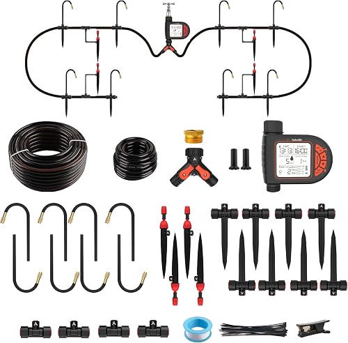 Anleolife 82.4FT Automatic Drip Irrigation System Kit with Water Timer | 8 Programs & LCD Timer, Quick-Connect System, 1/2" Mainline + 1/4" Tubing, 360° Bendable Nozzles for Raised Beds & Plants