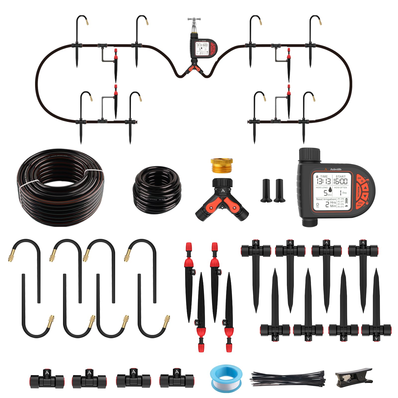 A ANLEOLIFE Kit di irrigazione automatica a goccia da 2,4 m con timer dell'acqua, 8 programmi personalizzati e schermo LCD, tubo a connessione rapida, ugelli regolabili e pieghevoli a 360° per aiuole