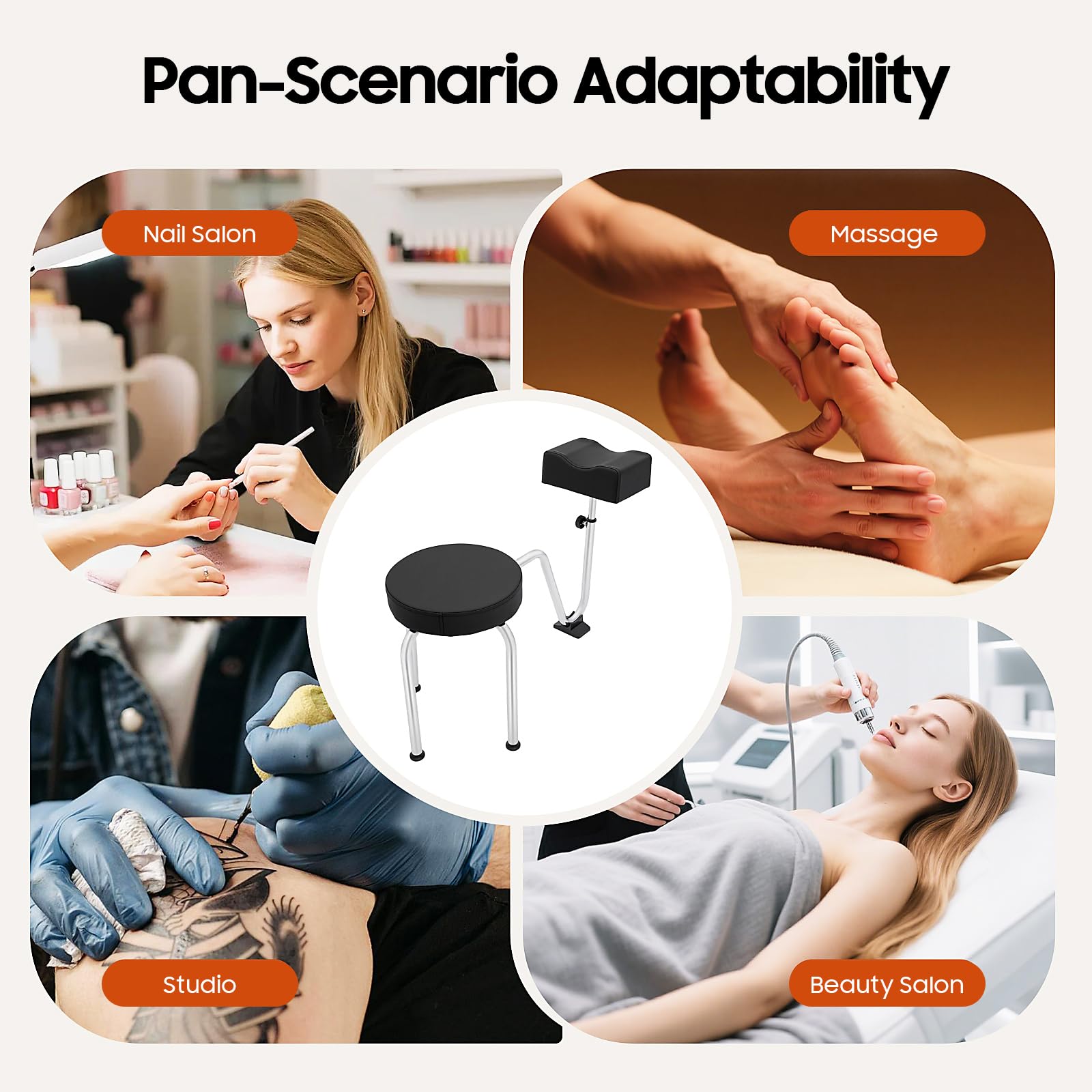 Sgabello per pedicure, con poggiapiedi, altezza regolabile 10 kg, carico massimo, cuscino comfort in poliuretano e piedi antiscivolo, per salone di manicure pro e uso domestico