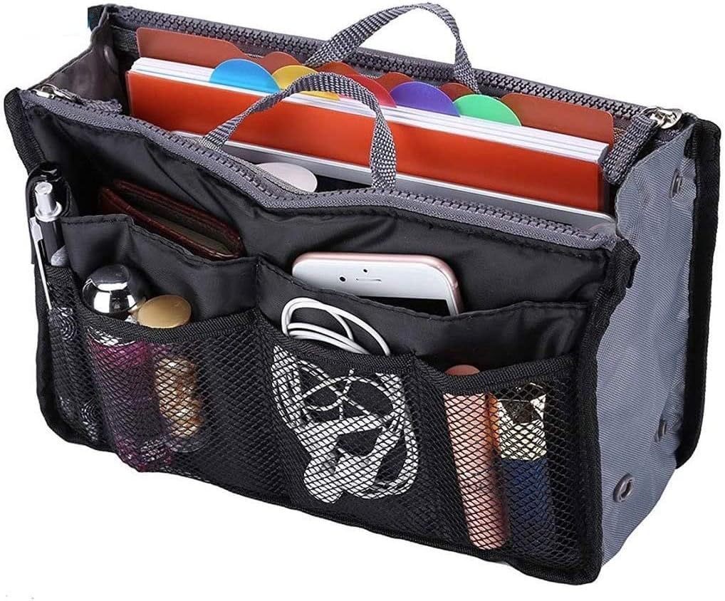Organizer da borsa Verde – insert bag multi tasche in nylon con cerniera e rete – porta oggetti interno borsa donna borsetta beauty case trucco divisore viaggio