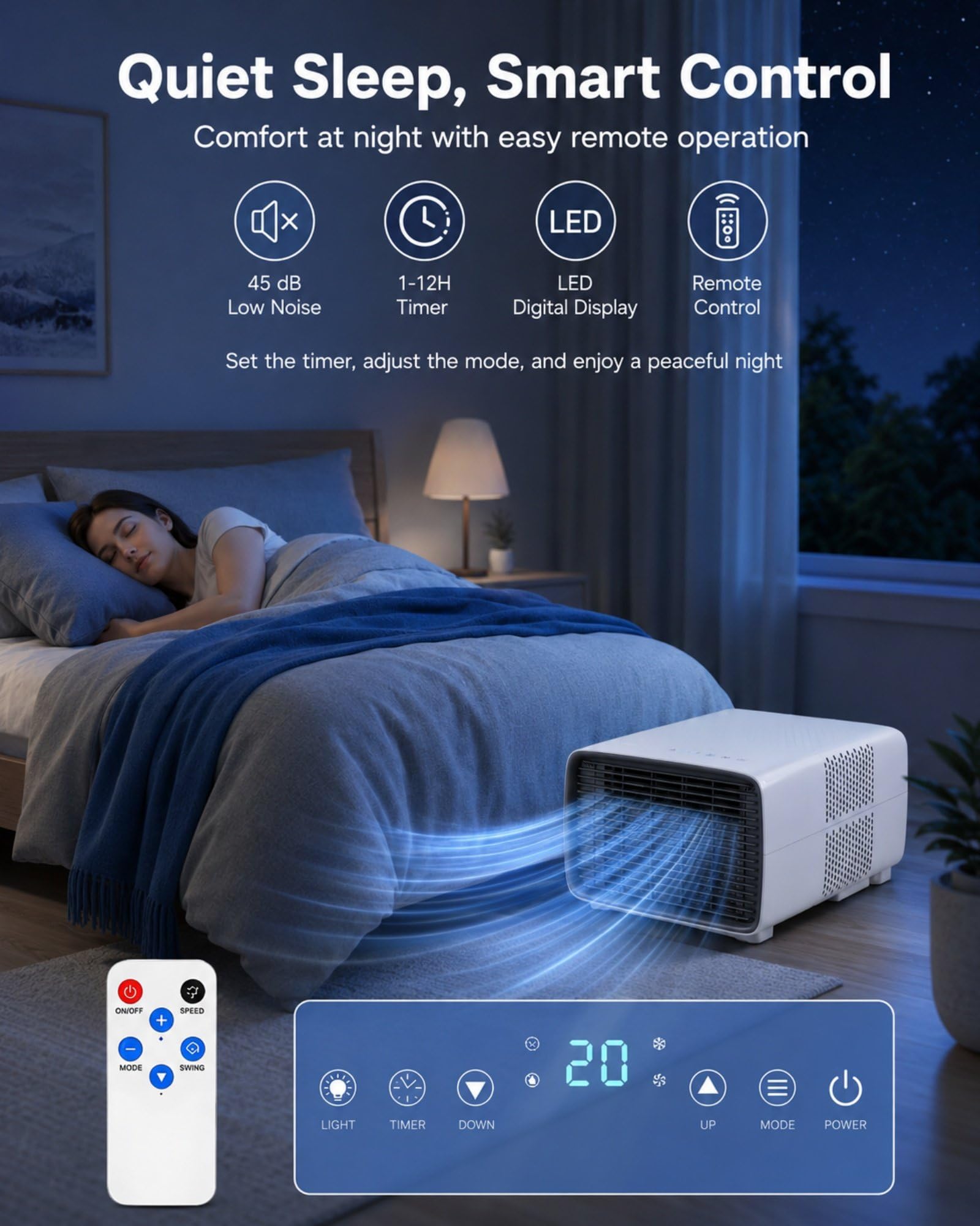 Mobile Klimaanlage für Schlafzimmer und Büro, 900W Kühlleistung, 280W Eingangsleistung, 45 dB Leise, 1-12H Timer, Digitalanzeige, Fernbedienung, Kühlen Trocknen Lüften