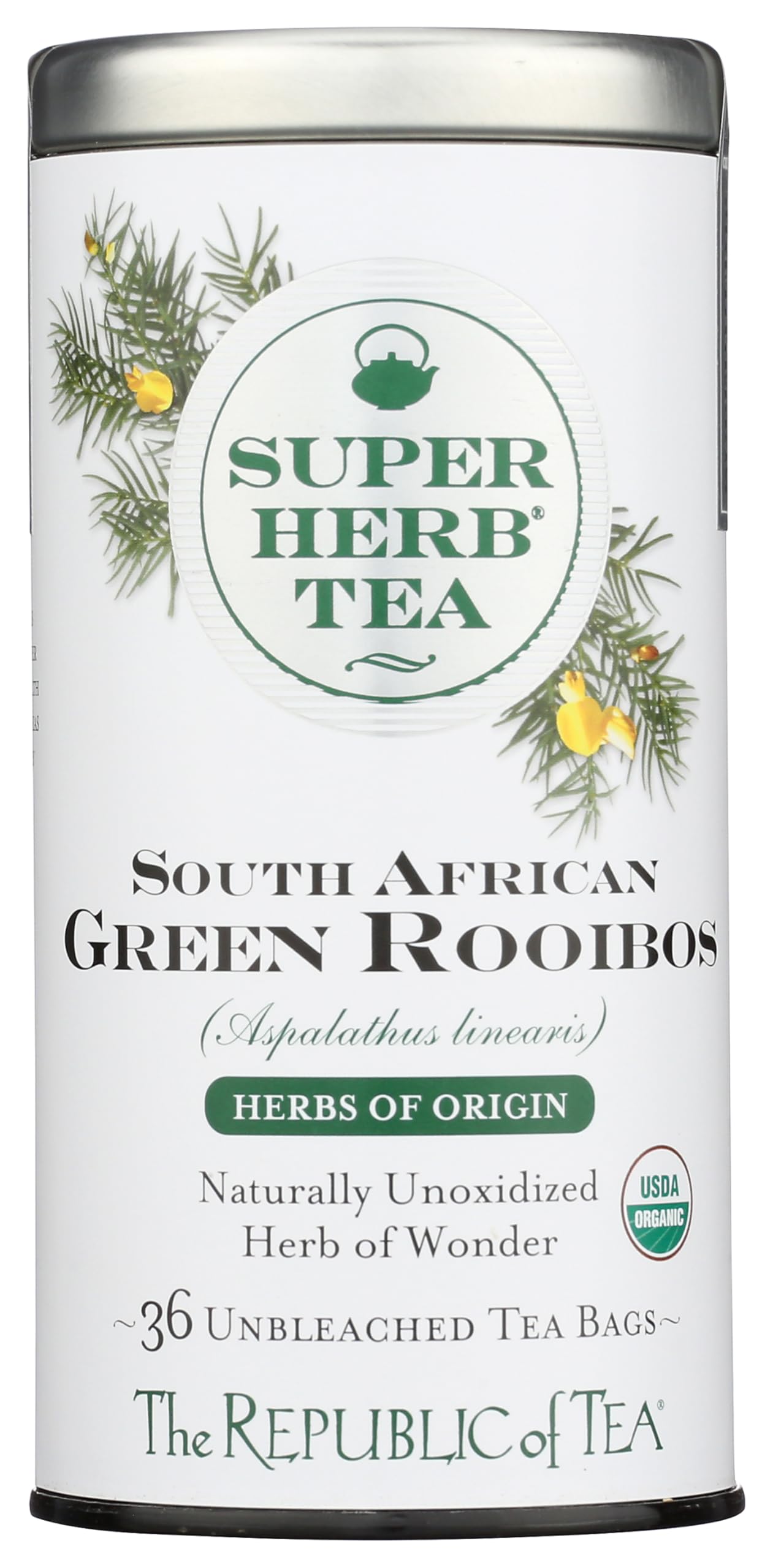 Organic South African Green Rooibos SuperHerb Tea Tin, 36 Herbal Tea Bags, Naturally Caffeine-Free Herbs of Origin