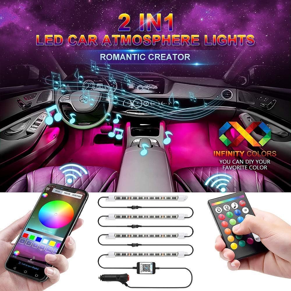 wsiiroon Car LED Strip Light, Newest Style Remote and APP Control Car Interior Lights, Upgrated 16 Fixed Colors, Infinite DIY Colors, New Type Lamp Strip, Sound Active Function(DC 12V)