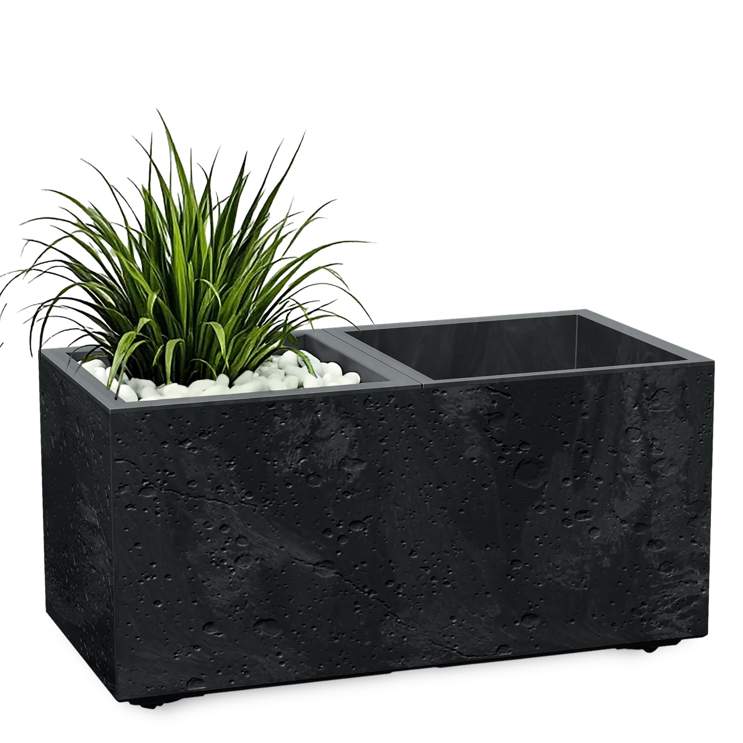 Skrzynka na kwiaty z tworzywa sztucznego, wygląd betonu, 2 komory na rolkach – 59 x 29 cm – prostokątna donica na rośliny, antracytowa, z wkładem na rośliny i drenażem, zwijana doniczka na kwiaty do