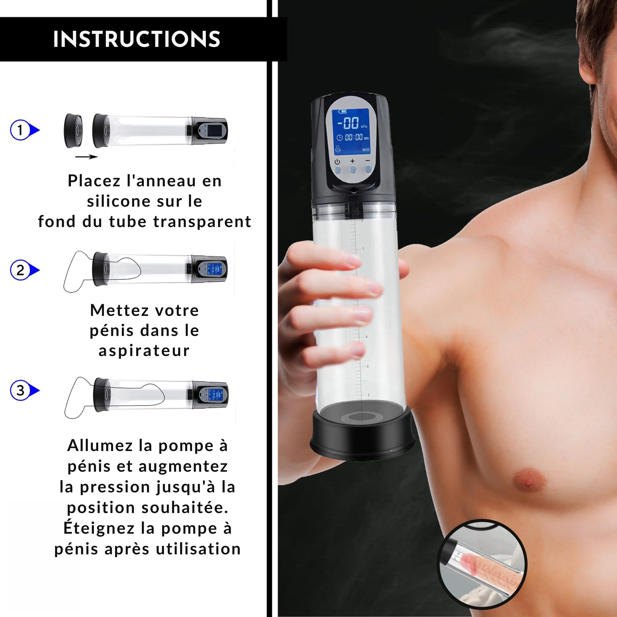 Pompe a Penis Automatique Deluxe pour Hommes avec Lubrifiant | Pompe a Vide Electrique avec 2 Anneaux | Rechargeable USB | Affichage LED | Agrandisseur