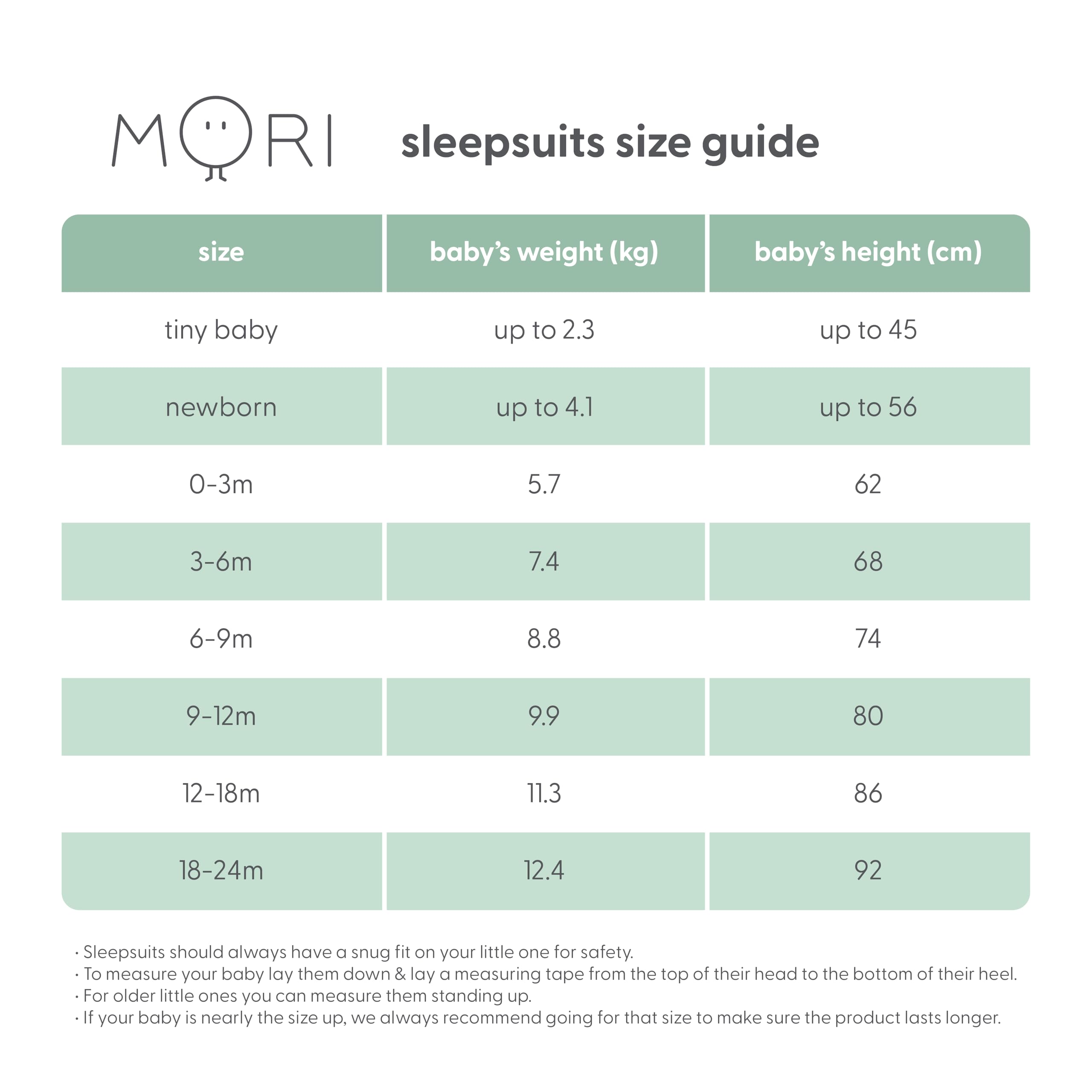 MORI Pijama unisex de canalé con cremallera bidireccional para bebé en color menta - Ropa de dormir cómoda de bambú y algodón orgánico - Pijama para niños pequeños con diseño de pies - 9-12 meses
