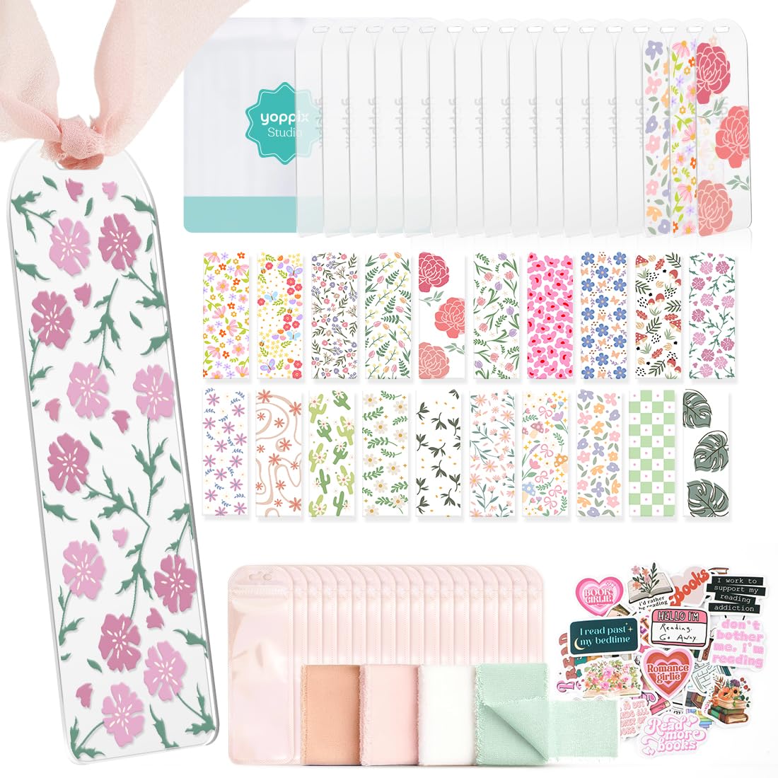 YOPPIX 6x2” Acrylic Bookmark Blanks- 20 Set Bookmark Making Kit with 20 UV DTF Stickers About Flower Theme 20 Ribbon 80 Bookish Stickers for DIY Your