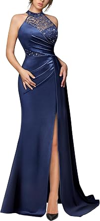 Miusol Womens Sexy Halter Sequin Lace Satin Evening Party Maxi Dress | Sleeveless, Sequin Lace Contrast Satin, Ruffule Ruched Hem