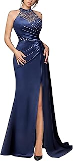 Women's Sexy Halter Sequin Lace Satin High Split Ruched Style Evening Party Maxi Dress