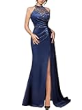 Women's Sexy Halter Sequin Lace Satin High Split Ruched Style Evening Party Maxi Dress