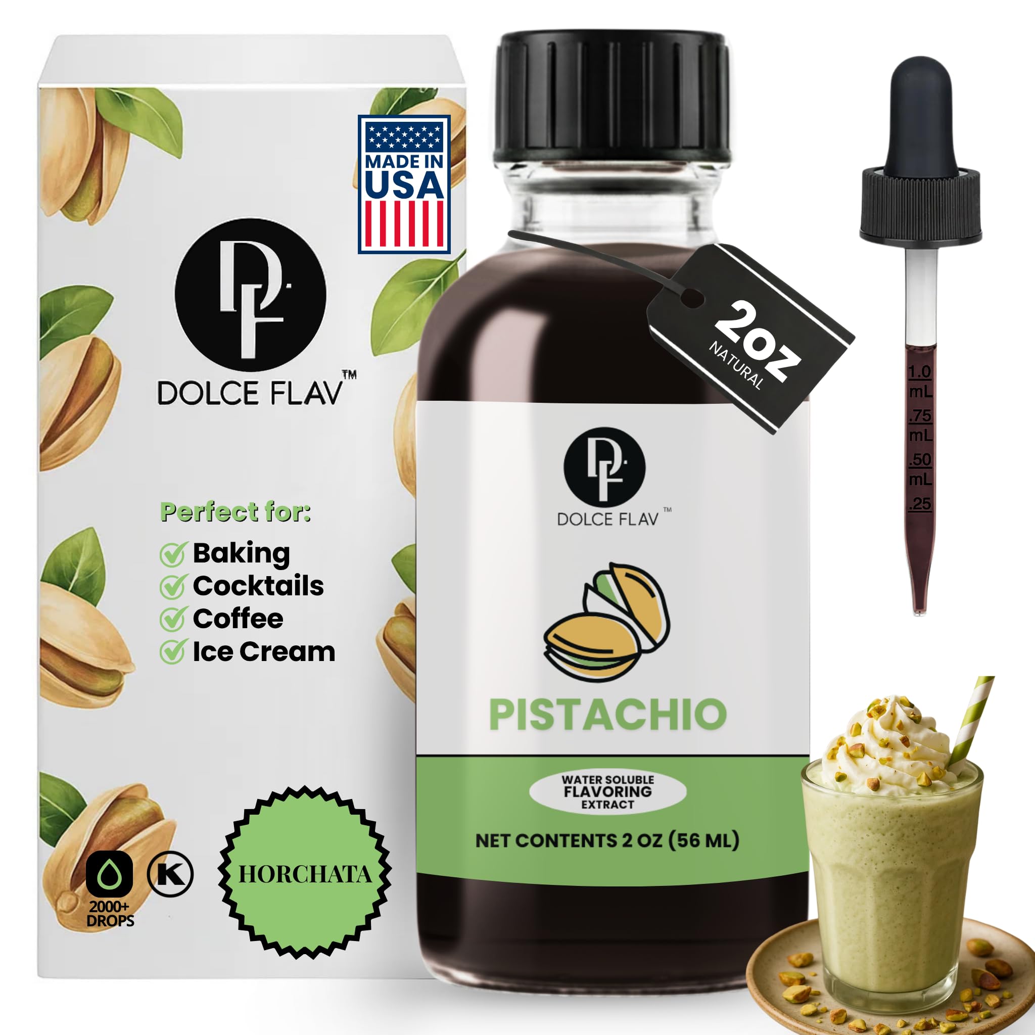 Dolce Foglia Flav Pistachio Extract - 2 Ounce Water-Soluble Multipurpose Flavoring Ideal for Baked Goods, Beverages, Coffee, Desserts & Ice Cream - Pistachio Essence Perfect for Weight Management