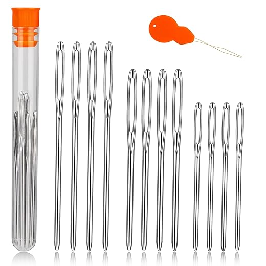 TLKKUE 12 Pcs/3 Sizes Large-Eye Blunt Needles, Steel Yarn Needle with Needle Threader, Tapestry Needle for Sewing Crochet Knitting Embroidery (Silver 2.08in/2.36in/2.76in)