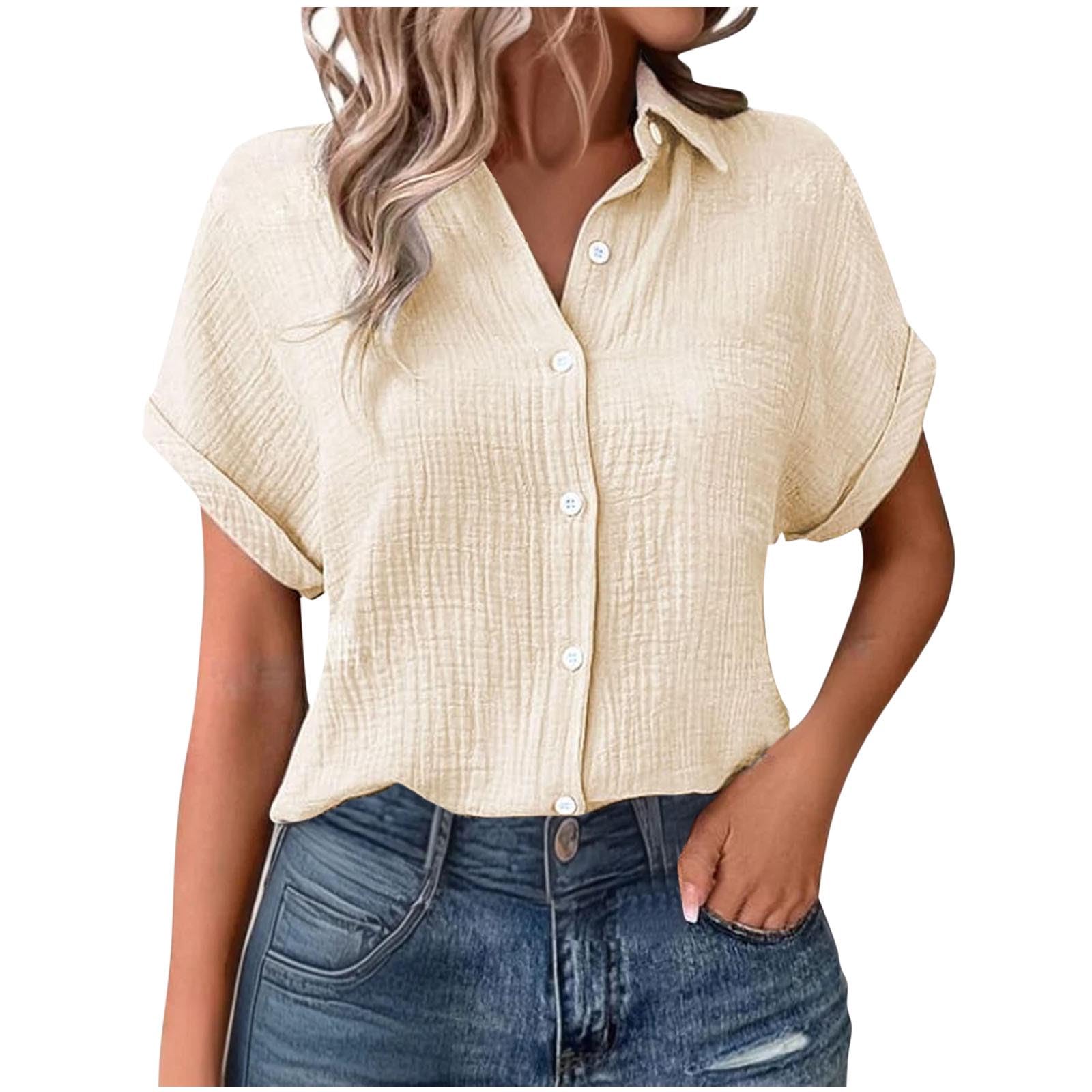 AEGJEGVD Musselin Damen Blusen Elegant Shirt Kurze Ärmel Bluse Mit Kragen Knopfleiste Formelle Arbeitskleidung Lässige Hemden Leinenbluse Flowy Locker Blusen Atmungsaktive Sonnenschutz Oberteil