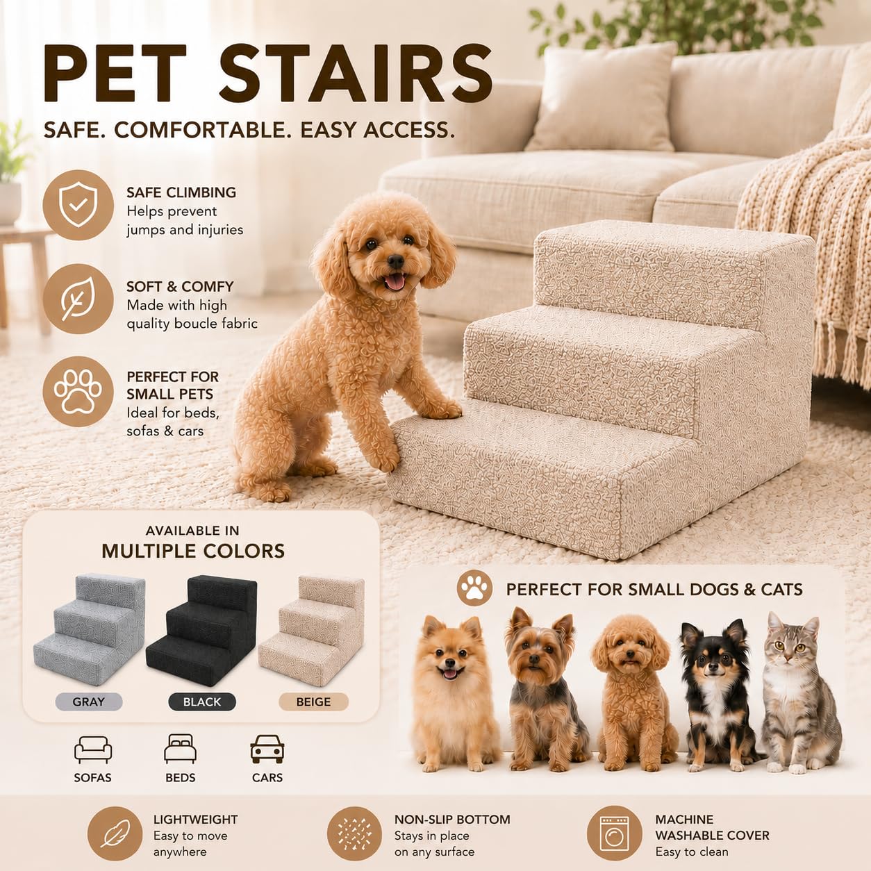 Muralo Escalier pour Chien 3 Marches 30 cm - Marchepied Antidérapant pour Petits Chiens et Chats, Jusqu’à 17 kg, Housse Bouclé Déhoussable et Lavable - Accès Facile au Canapé et au Lit (Beige)