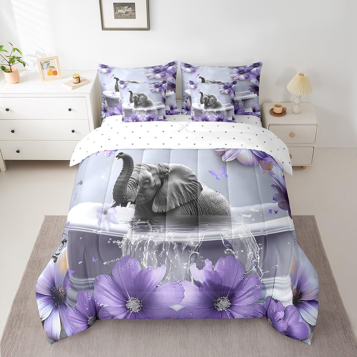 Parure de lit avec couette King Size imprimé éléphant floral violet 7 pièces