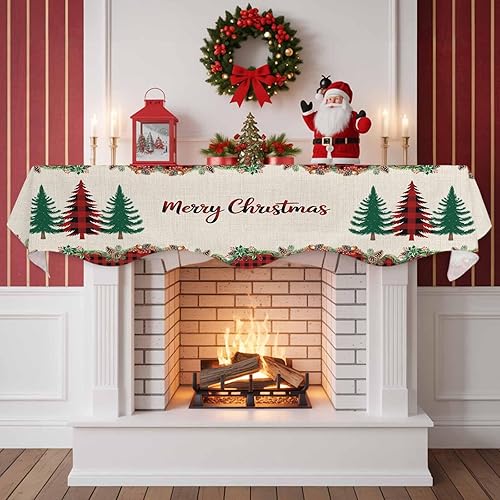 Miniatura 2 de Bufanda para chimenea con árbol de Navidad, 90 x 17 pulgadas, guirnalda de Navidad a cuadros rojos, cubierta de mantel de lino vintage, protector