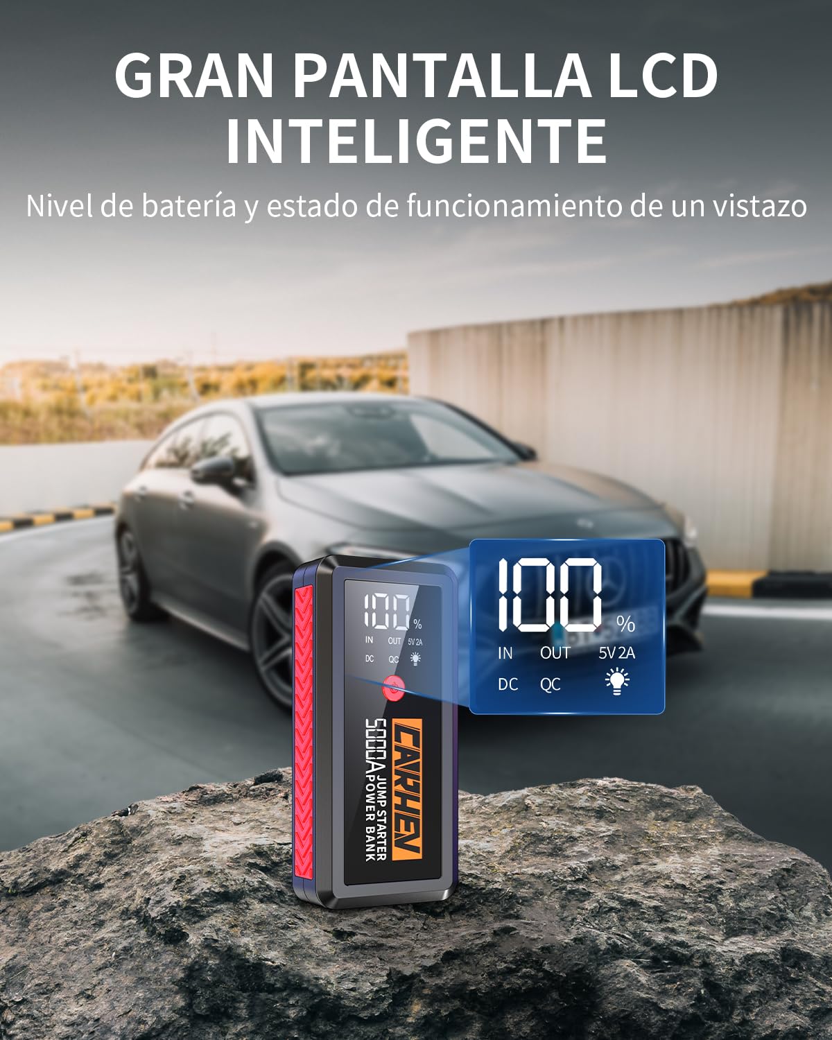 CARHEV Arrancador de Coches, 5000A Arrancador de Baterias de Coche (para 8.0L de Gasolina o 8.0L de Diésel) 12V Booster Jump Starter con Pantalla LCD, Linterna LED, Clips de Seguridad Inteligentes