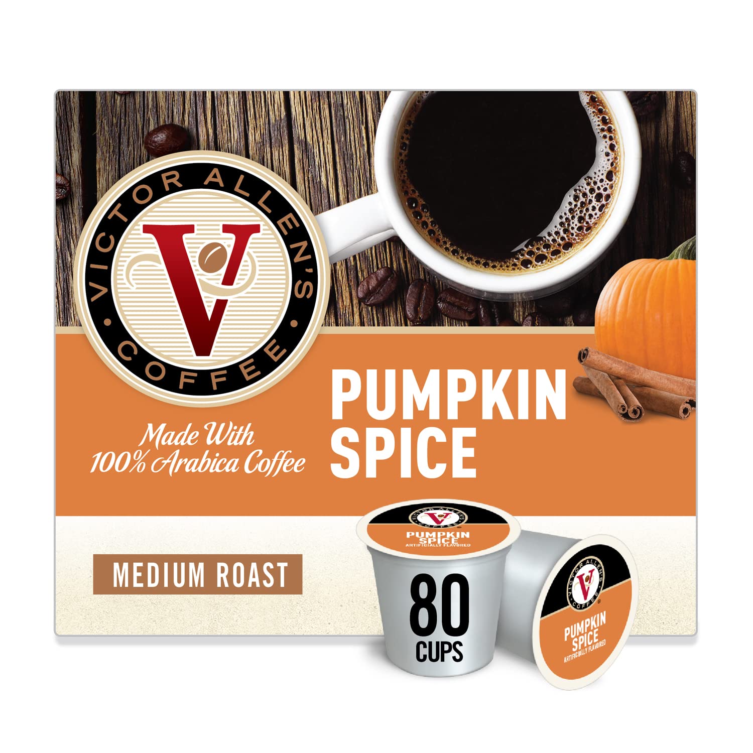 Victor AllenCoffee K Cups, Pumpkin Spice Single Serve Medium Roast Coffee, 80 Count, Keurig 2.0 Brewer Compatible