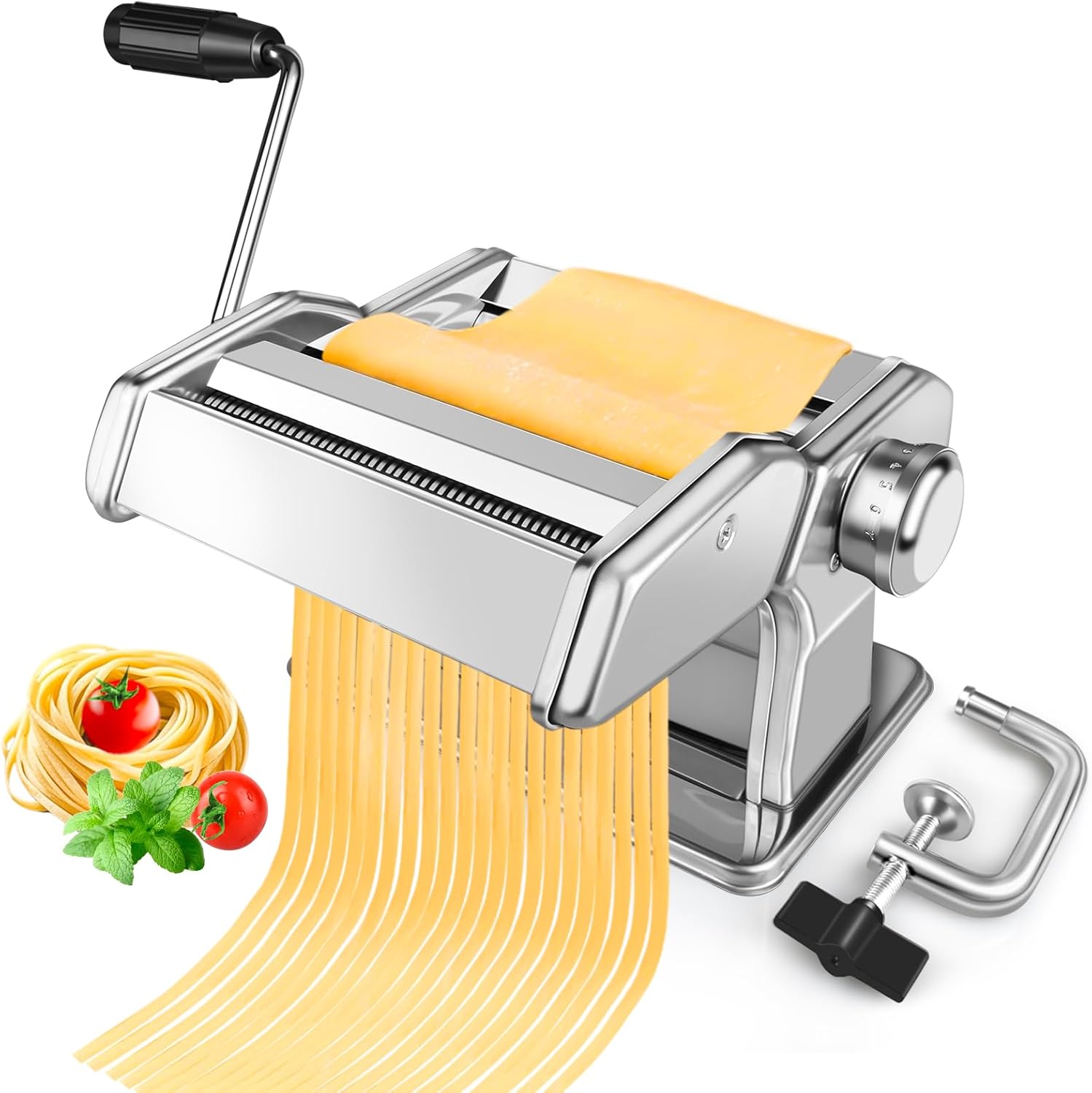 Pasta Maker with 7 Thickness Settings Roller, 2-in-1 Cutter, Hand Crank and Table Clamp, Stainless Steel Manual Pasta Machine for Spaghetti, Fettuccine, Lasagna, Ravioli