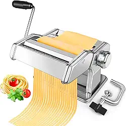Máquina de fazer massas com 7 configurações de espessura, cortador 2 em 1, manivela manual e braçadeira de mesa, máquina de massa manual de aço inoxidável para espaguete, fettuccine, lasanha, ravioli