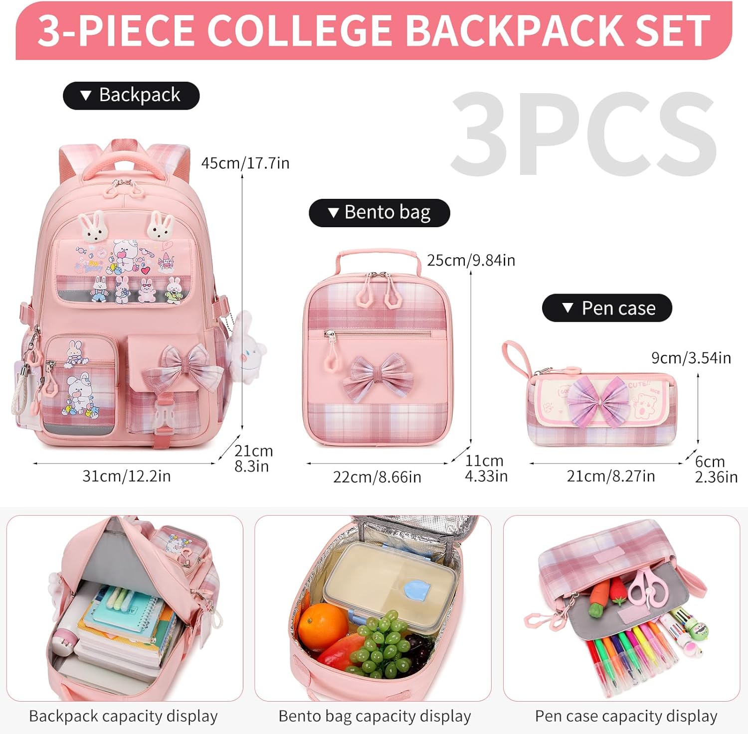CYOQX Girls Backpack 3pcs School Backpack with Lunch Box Teen Girl Backpack Set Cute Kids School Bag Bookbag for Teen Girls
