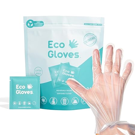 Eco Gloves Individually Wrapped Eco-Friendly Compostable Disposable Anti-Germ Gloves Latex Free, Powder Free, Plastic Free for Safety, Cleaning, Food, Pet Care | One Size Fits Most | 48ct | Clear