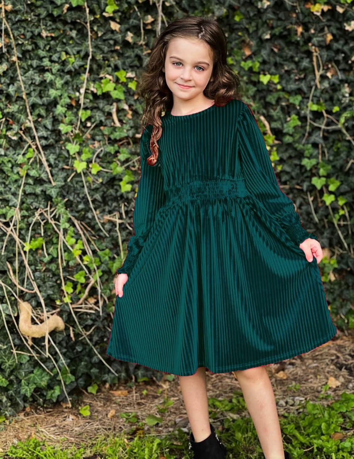 Arshiner Girls Long Sleeve Dress Velvet Crew Neck Midi Fall Vintage Plain Dress for Kids 4-13Y: Clothing, Shoes & Jewelry
