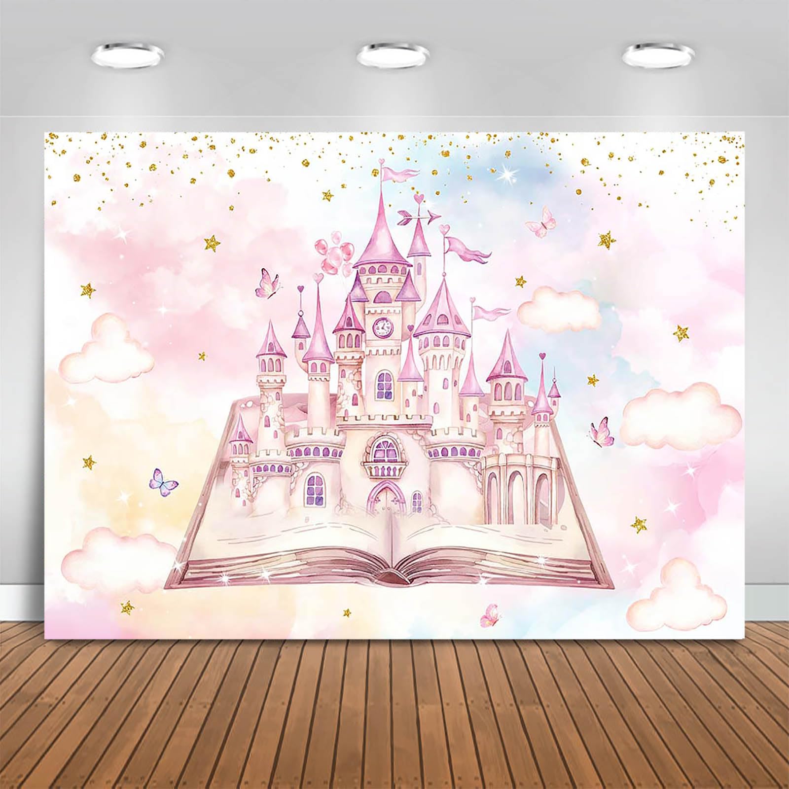 Fitumiw Princess Castle Backdrop 7x5ft Watercolor Pastel Rainbow Birthday Party Decorations Background for Girls Dreamy Fairy Tale Story Book Banner