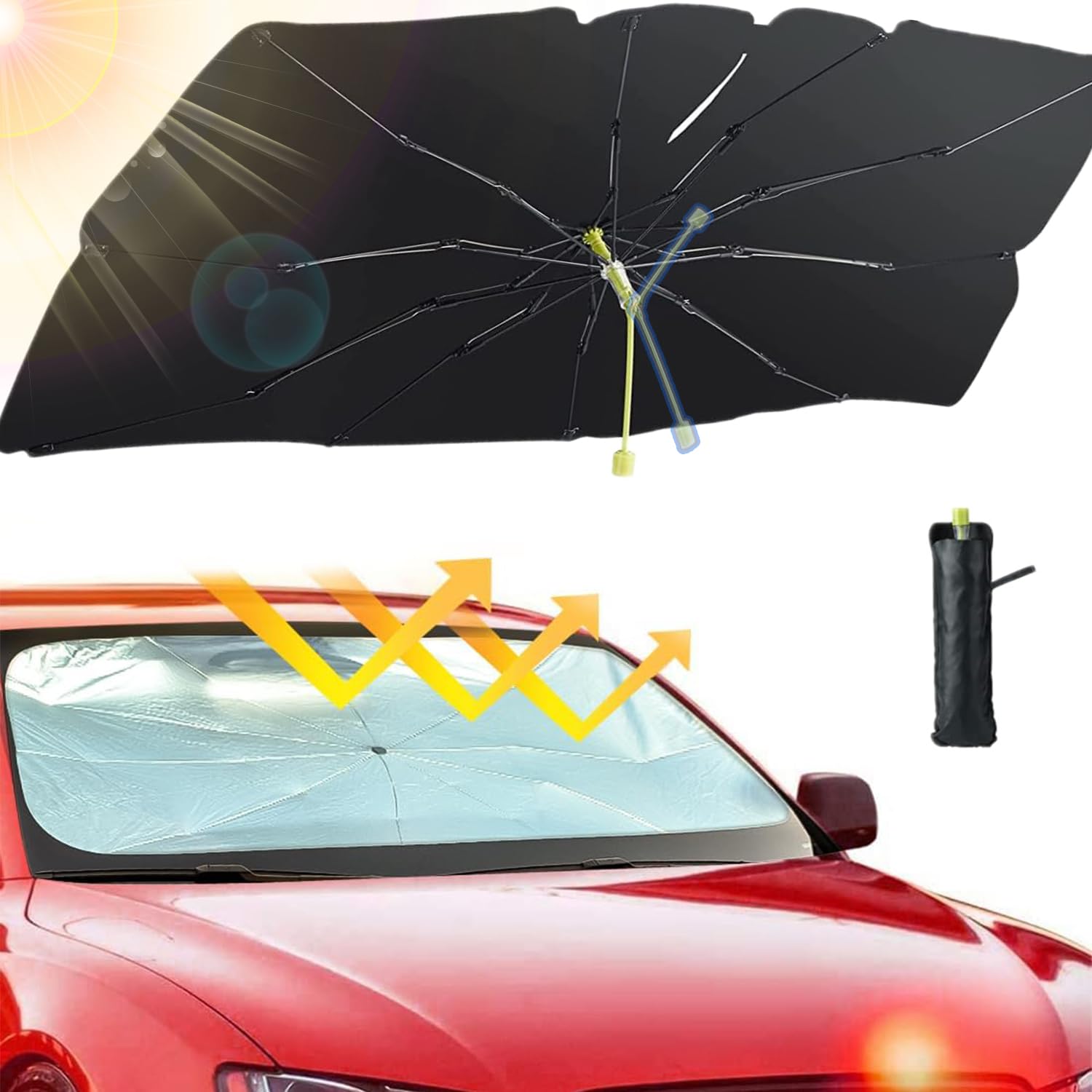 Parasol Coche Delantero Interno, Aluusy Parasol Paraguas Coche Plegable para Parabrisas de Coche 140 x 75 cm, Parasol Delantero Coche Protección UV para Mayoría de Coches, SUV, Camiones