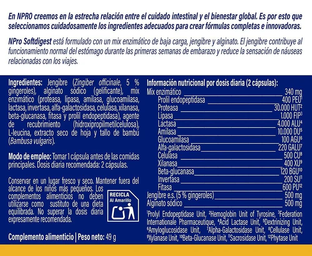 NPro SALUD INTESTINAL Softdigest 60 Cápsulas | 12 Enzimas Digestivas de Baja Carga, Jengibre y Alginato, Soporte para Digestión Sensible, Confort Gástrico