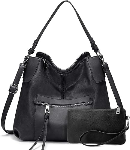 Realer - Bolsa grande estilo hobo para mujer de piel sintética con borla 1 - Brown-golden Hardware(12.4"), Black-golden Hardware(12.4"),