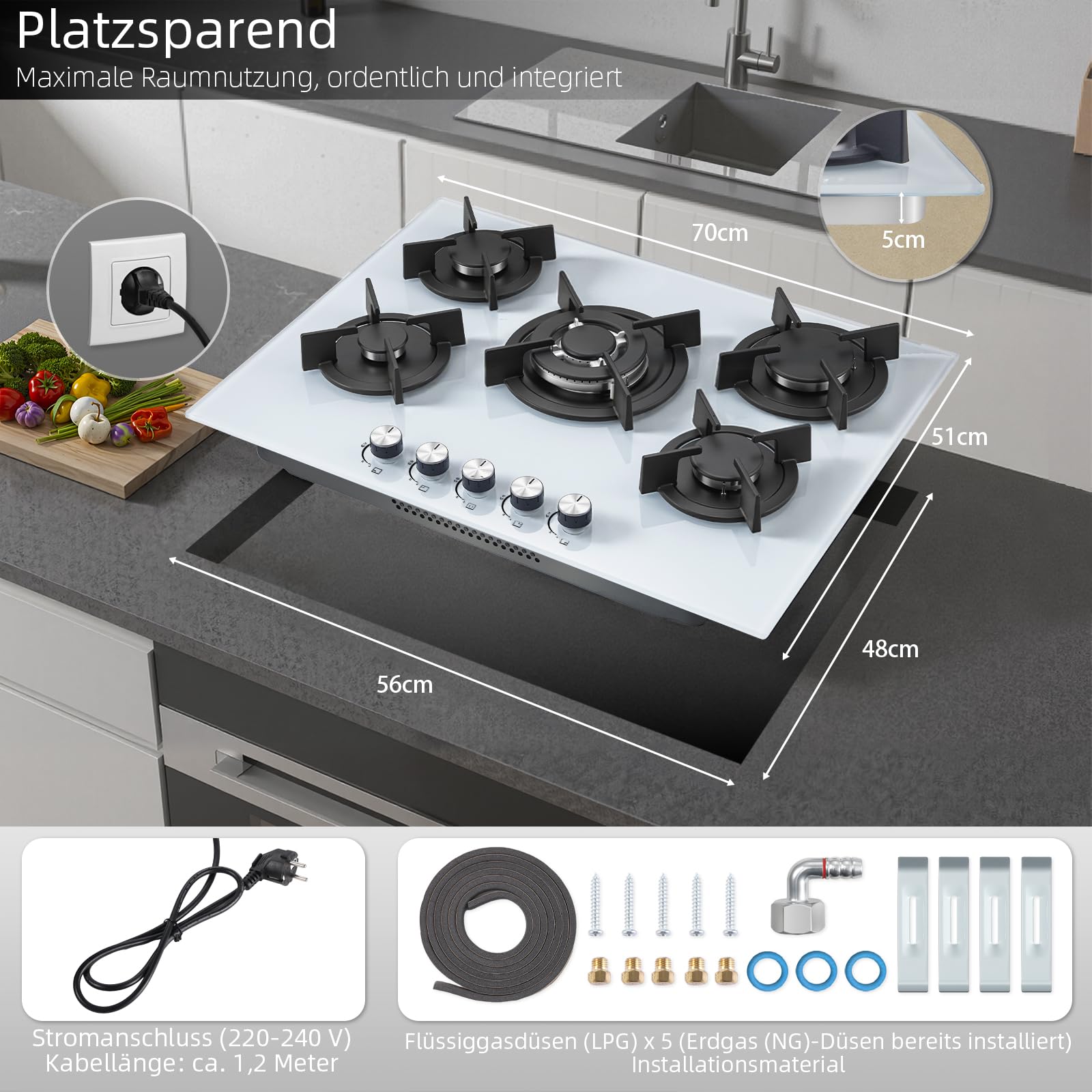 SNDOAS Kuchenka gazowa, 5 żarówek, biała, szklana płyta gazowa do zabudowy 70 cm | 5-palnikowa płyta kuchenna z automatyczną ochroną przed płomieniem, gaz ziemny i propan, 10400 W, 220-240 V